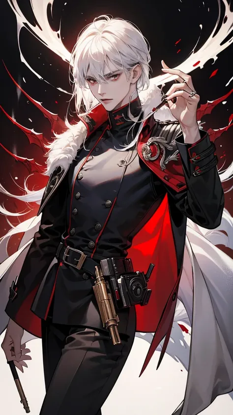 8k, masterpiece, best quality, highly detailed, 1 male, warlock, white hair, sinister, gloomy, red and black trench clothes, thin, close up view, rings, looking at viewer, standing, holding pistol, smoking cigarettes, female devil over shoulder, pistol.