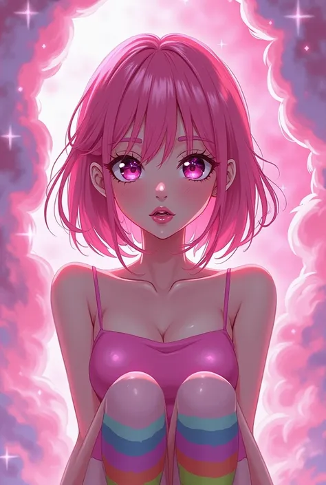 anime girl, pink lipstick, rosa Rock, rosa Nagellack, rainbow overknee ,  pink cropped tank top, pink hair, Pink eyes