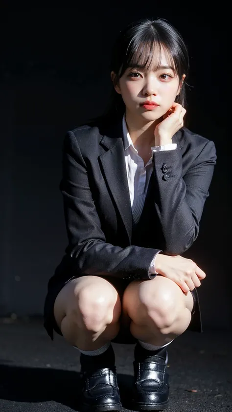 a girl in a school uniform, black checkered mini skirt, blazer, knee high socks, loafers, bob hair, ((black background:1.5)), ((squat:1.5)), facing the camera, hand on hip, cute, (best quality,4k,8k,highres,masterpiece:1.2),(realistic,photorealistic,photo-...