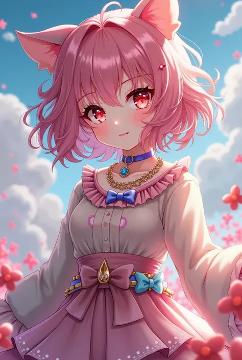 Cute female anime character with frizzy hair red eyes necklaces and bows 