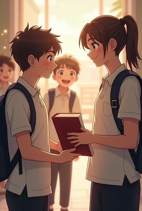 Image of a high school girl student giving a book to 3 ren. 3 boys are so happy.