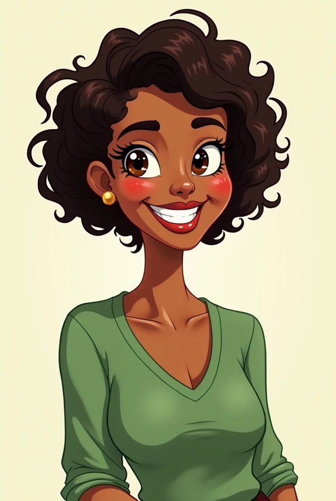 woman, 35 years old, Short and curly hair, well-designed lips , smiling, beautiful teeth,  Expressive eyes  , round face, pele morena, rounded nose, big boom boom,  medium breasts,  wide leg pants , Little green blouse , sports tennis. Disney style 2d