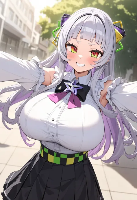 ( best quality, 8k, masterpiece),  girl , young , Idol , 1 person ,  murasaki shion,  hololive , Silver Hair  , Big Breasts ,smile ,  like heaven ,  red cheeks  , Tanimachis emphasis  , A rich variety of skin tones  , ( white ruffle long sleeve blouse ,  s...