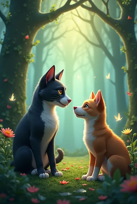 The cat and the dog in the enchanted forest