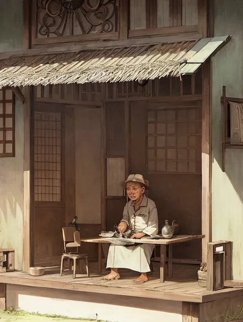 An Indonesian old man sits on the veranda of a simple house with a wall clock hanging behind him. Wajahnya full of contemplation, looking at the little ren playing in the yard. On his table there is a glass of tea that is starting to get cold and an old ne...