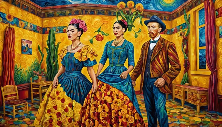 imagine a vivid and expressive oil painting where vincent van gogh and frida kahlo — two outstanding figures in the history of art — are depicted in an unexpected work on to big printing machine the tango. this painting brings legendary artists to life in ...