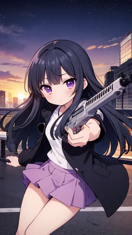 woman, woman,cute, cute, mature,大人のwoman,Long legs, slender, slim, slender , black hair, long hair, purple eyes,Pink Eyes,Slanted Eyes,Sharp Eye,Short sleeve, black coat, micro mini skirt that is crossing the hurdle,gun, assault rifle ,Firing,gunを構える,gun口を...