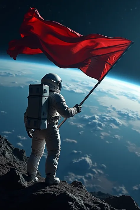 An astronaut back view wolding his country flag and looking to the earth.