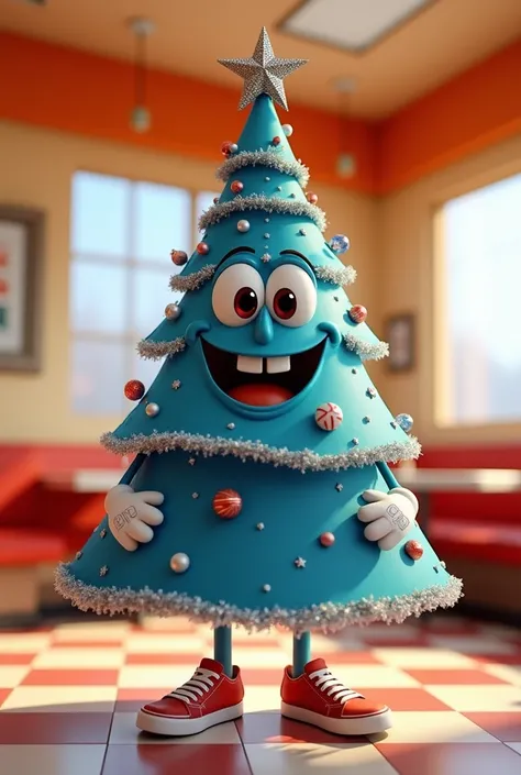  Realistic 3D Pixar-style image of a Christmas tree decorated in blue and silver, friendly and cheerful animated face ,  the tree has 2 legs with red sneakers and 2 arms with white gloves ,  in the background you can see the interior of a restaurant decora...