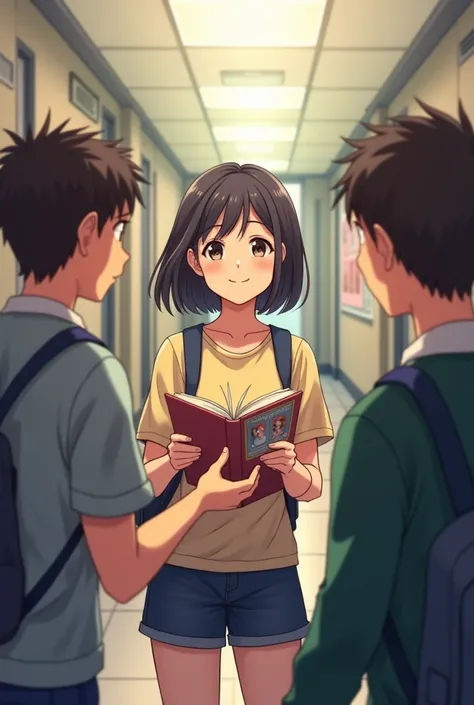 Image of a high school girl student giving a book to 3 ren.