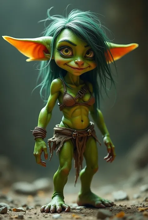 A green short and skinny female goblin, almost nude wearing tattered small loincloth and tiny tattered bikini, (front side view), (full body view), big feet, cute face almost human, rogue smile, short dark green straight shoulder-length hair, featuring a (...