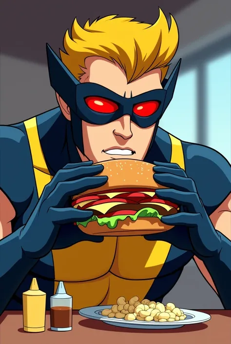 Scott Summers from the animated series X-man ,  with his horizontal glasses with red lenses ,  is eating a hamburger and in front of his table are mustard, ketchup and mayonnaise.