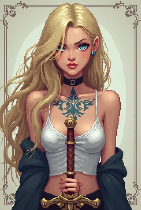 Pixel art image Bita map A beautiful slender Russian woman with long hair with light blonde details with Pokémon Mewtwo tattoos on her chest looks straight ahead, clutching a shiny sword. 