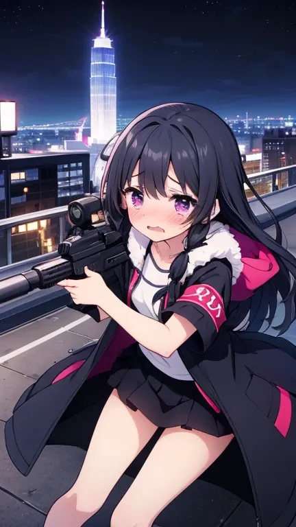 woman, woman,cute, cute, mature,大人のwoman,Long legs, slender, slim, slender , black hair, long hair, purple eyes,Pink Eyes,Slanted Eyes,Sharp Eye,Short sleeve, black coat, micro mini skirt that is crossing the hurdle,gun, assault rifle ,Firing,gunを構える,gun口を...