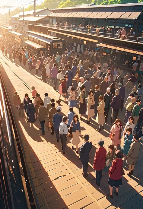     Japanese wooden station train passenger train passenger in Japanese rural station Busy crowd of train station in rush、 scene people Best quality beautiful anime scene , Perfect composition and beautiful texture of anime scenery 