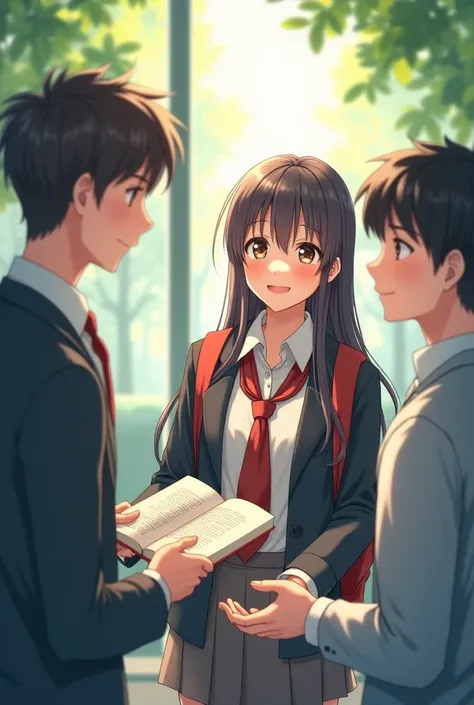 a high school girl student give a book to 3 ren who are  