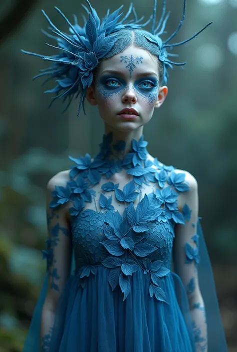 White woman with one Cyclops eye in blue leaf dress with blue facial paints