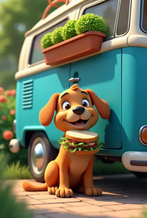 A brown dog eating a sandwich next to a blue van with green flower pots