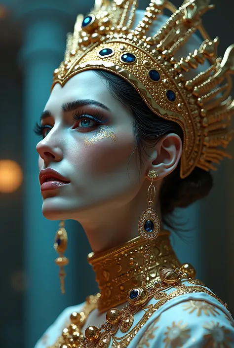 Queen Semiramis, Fortuna, head to breast, gold jewelry. High Resolution, Masterpiece, Award Winning, Best Quality, High Details, High Quality, UHD, Optical Illusion, Impressionism, Art Deco, Cinematic, Cinematography, Futurism, Hyperrealism, Photorealistic...