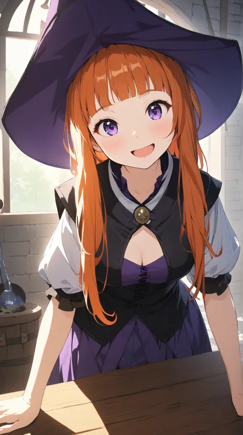 1 girl, (cute face), 18 years old, to many hairstyle, (curious, wide smile), (blush), medium breasts, slim, (wearing fantasy game style witchs costume, Guayabera), (witchs Hat:1.2), (leaning forward:1.2), (standing, breast rest on table), looking at viewer...