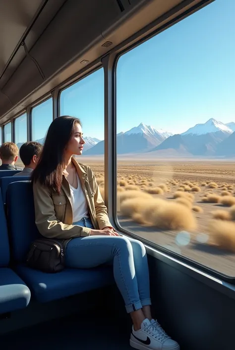 "Ultra-realistic image of a woman with long, dark hair styled casually, seated comfortably inside a bus traveling from El Calafate to El Chaltén in Patagonia, Argentina. She is dressed for the mild spring weather, wearing a light jacket, jeans, and sneaker...