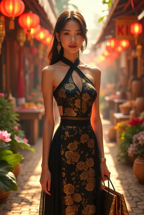 An elegant Thai woman in an applied Thai dress with a modern design, characterized by black and gold tones. In her hand, she holds a shopping bag with exquisite Thai motifs. She stands confidently in the traditional Thai market, surrounded by colorful shop...