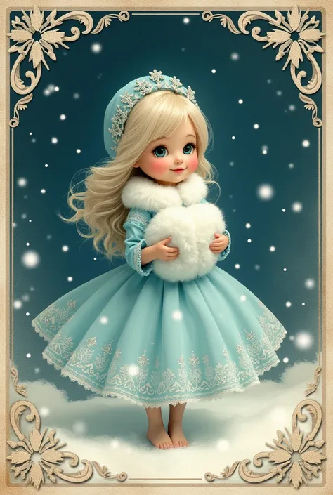 Vintage new year card ,Snow Maiden in a blue dress fluffy dress white muff snow-white star , retro style, card on the sides pattern , snowflakes,  christmas composition home comfort New Years decor smallest details superdetail, film grain / old movie effec...