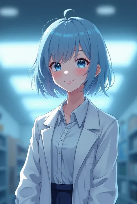  1 girl　(  Detailed Rendering in Epirealism Semi Anime Style)　(Women Scientists)　(20th Generation)　( cute face)　(light blue bob hair)　 (White Lab Coat)　 ( Shots in Professional Outfit )　(Masterpiece quality)　(Blue lighting)　（Cheerful personality）