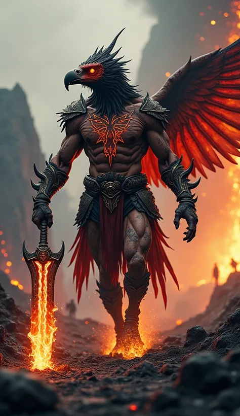 Ultra realistic, hyper-detailed image of a vulture fused with a human, full-body anthropomorphized figure with a monstrous and imposing physique. The character has a muscular, vascularized body, with veins snaking across its powerful arms and legs, and int...