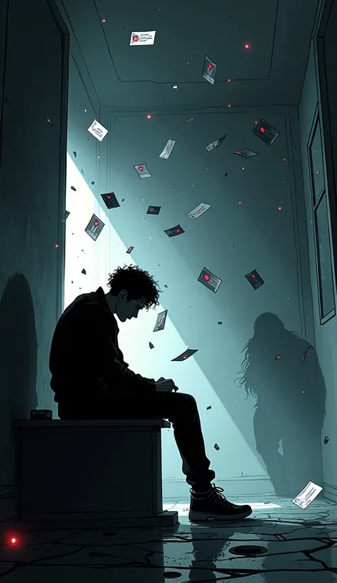 A webtoon-style illustration in 9:16 format, exuding tension and suspense, with Xander represented as a black silhouette sitting on the edge of a desk in a minimalist, dimly lit room. His pose is tense, leaning forward slightly, as though bracing for somet...