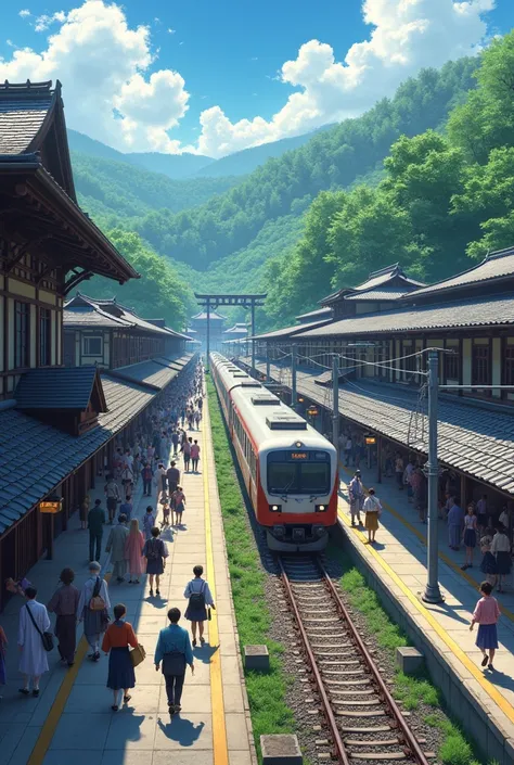     Japanese wooden station train passenger train passenger in Japanese rural station Busy crowd of train station in rush、 scene people Best quality beautiful anime scene , Perfect composition and beautiful texture of anime scenery 