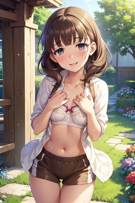  shiny brown hair on background,  shorthair, ( beautiful brown eyes、Sparkling Eyes, fine grain)、smile、 ultra-detailed eyes sandwiched between columns、 highly detailed face,  very detailed eyes,
 one girl,,cute,,  medium chest dripping with love juice,   Ru...