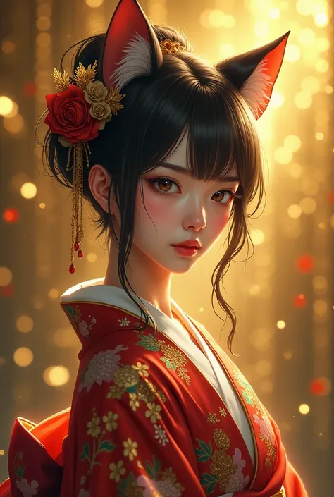 Japanese goddess with cat ear, wearing Kimono,  shoulder shot, gold big realistic background gold and shiny 