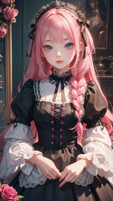  perfect quality , 、8K quality、 best quality、  Detailed Image Quality 、4K,8k, best quality,  perfect quality ,  RAW photo、 best quality、 beautiful gothic victorian girl,  cute face,   complex details,  braid hair,  big doll-like eyes , Dark fantasy,  neon ...