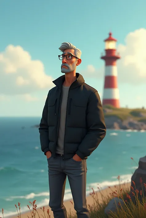  Man by the sea. Near a lighthouse .
 He has gray hair , des petites lunettes. unshaven.
Il porte une veste noire et un jean gris. Il est grand et mince. Mains dans les poches. A kind air. 

Style Pixar.