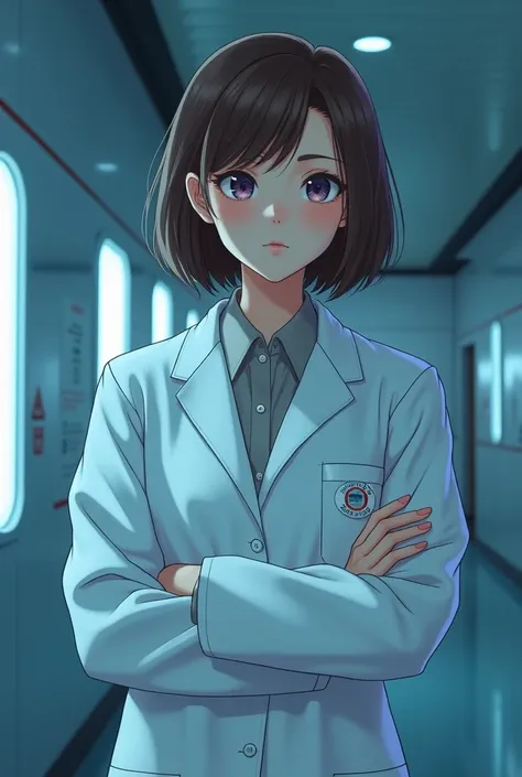  1 girl　(  detailed rendering in epirealism semi-anime style)　(Women Scientists)　(20th Generation)　( cute face)　(Brown bob hair)　 (White Lab Coat)　 ( Shots in Professional Outfit )　(Masterpiece quality)　(Blue lighting)　（Im about to do an autopsy）