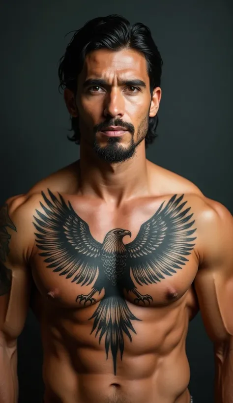 the Indian man is handsome, there is a large eagle tattoo on his chest, a masterpiece, very beautiful, detailed, professional photo
