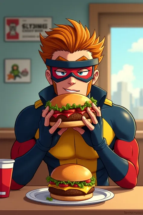 Scott Summers from the animated series X-man with his horizontal glasses with red lenses is eating a hamburger and in front of him are mustard, ketchup and mayonnaise.