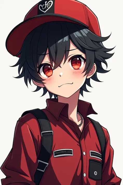 An anime of a boy , messy black hair, with a cap like that on the red and black side , dark red shirt with black and white leather details