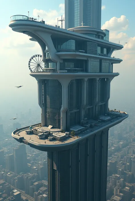 An airport above the building .  It has an airstrip with planes on top of the colossal futuristic building.  There is an amusement park on a balcony in the middle of the building .  There is a ferris wheel and a roller coaster on the balcony that has an am...