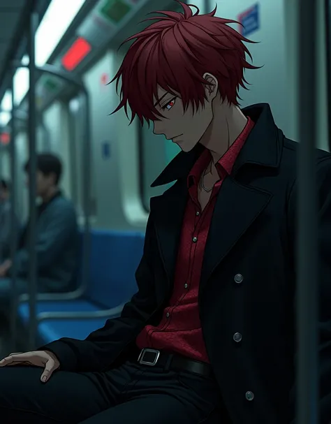 anime MAPPA art style. a man sitting in a train underground. night time. Poster 4k.

He has a dim-sienna skin compared to most Caucasians, has hair that has two colors mixed Red and Black. He has red iris wyes. Wears a crimson red scaly shirt, black trench...