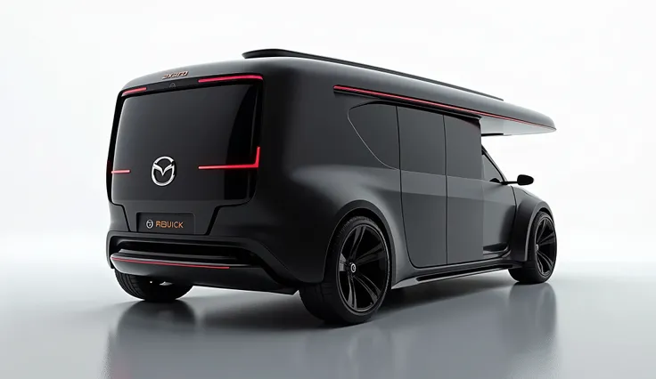 Here is the image of the 2025 Mazda Motorhome Camper Truck in a luxurious white showroom, shown from  close back  view and in a vibrant black color. Let me know if you would like further adjustments!