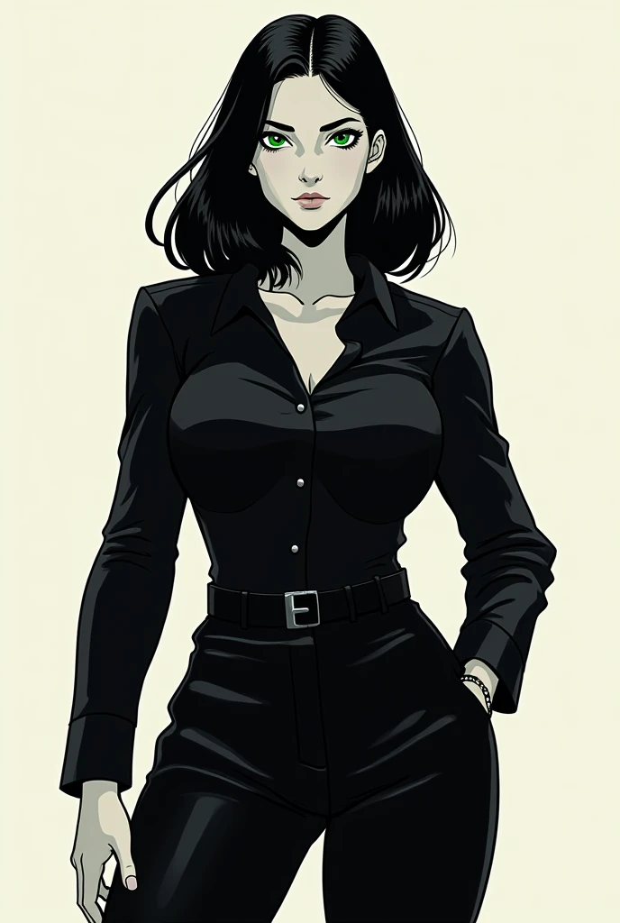   One size fits all in the shape of an athletic hourglass , high,  Slavic facial contours  ,   Shoulder length short  ,  black hair ,   bright green eyes ,  in the style of a comic book character ,  dark black suit pants and thick black filled shirt,  whit...