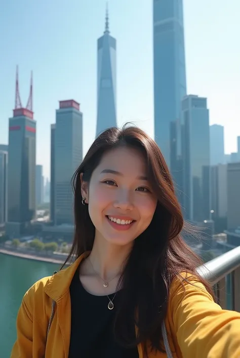 arafed a korean women, smiling, standing in front of a tall building, in front of a sci fi cityscape, 8k selfie photograph, with a city in the background, architecture in the background, city in background, city in the background, joongwon jeong, standing ...