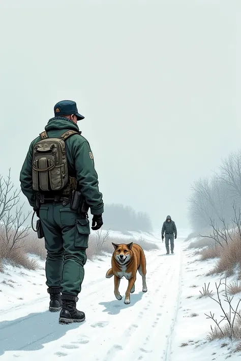 On a winter day, a border guard and his dog were spotted by an offender in the distance
(Comic style)