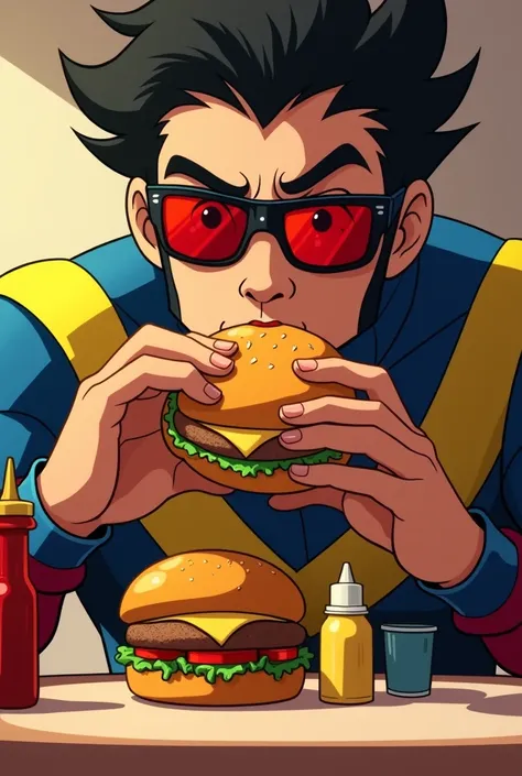 Scott Summers from the animated series X-man with his horizontal glasses with red lenses is eating a hamburger and in front of him on the table are mustard, ketchup and mayonnaise.