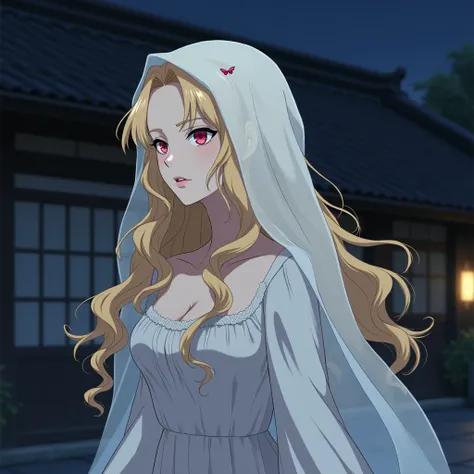 an adult woman, Demon Slayer anime style, seen from afar and from the side , with long wavy golden hair ,  with a white bridal veil covering even her pink eyes , lips painted with lip gloss ,  with a serious expression and a red butterfly mark on the corne...