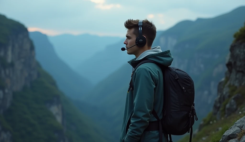 A 20-year-old young man, full body. He is wearing a headset and hiking on a mountain cliff. The lighting is slightly dim, creating a silent and quiet atmosphere.