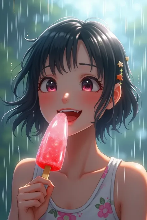 Image of a happy person eating an iced candy stick with a rainy background