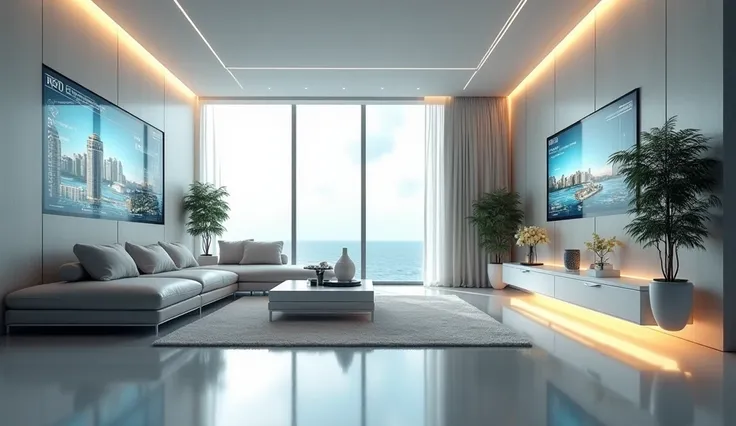 Futuristic smart home interior with sleek minimalistic design, holographic displays managing daily tasks, voice-activated lights, automated climate control, emphasizing convenience, efficiency, and technology integration